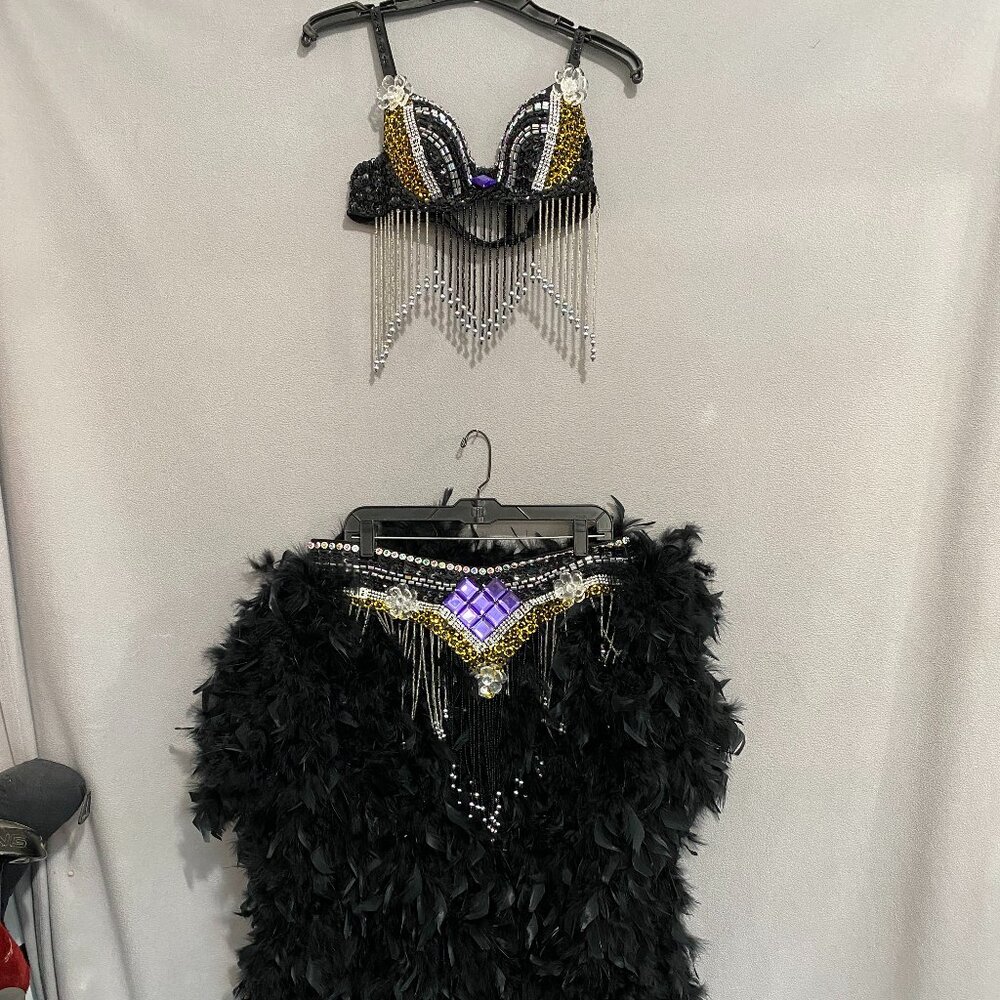 Black Feather Showgirl Costume Set Rhinestone Bra Feather Skirt & Headdress